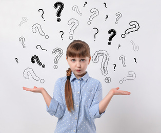 Image of Emotional girl with drawings of question marks on white background