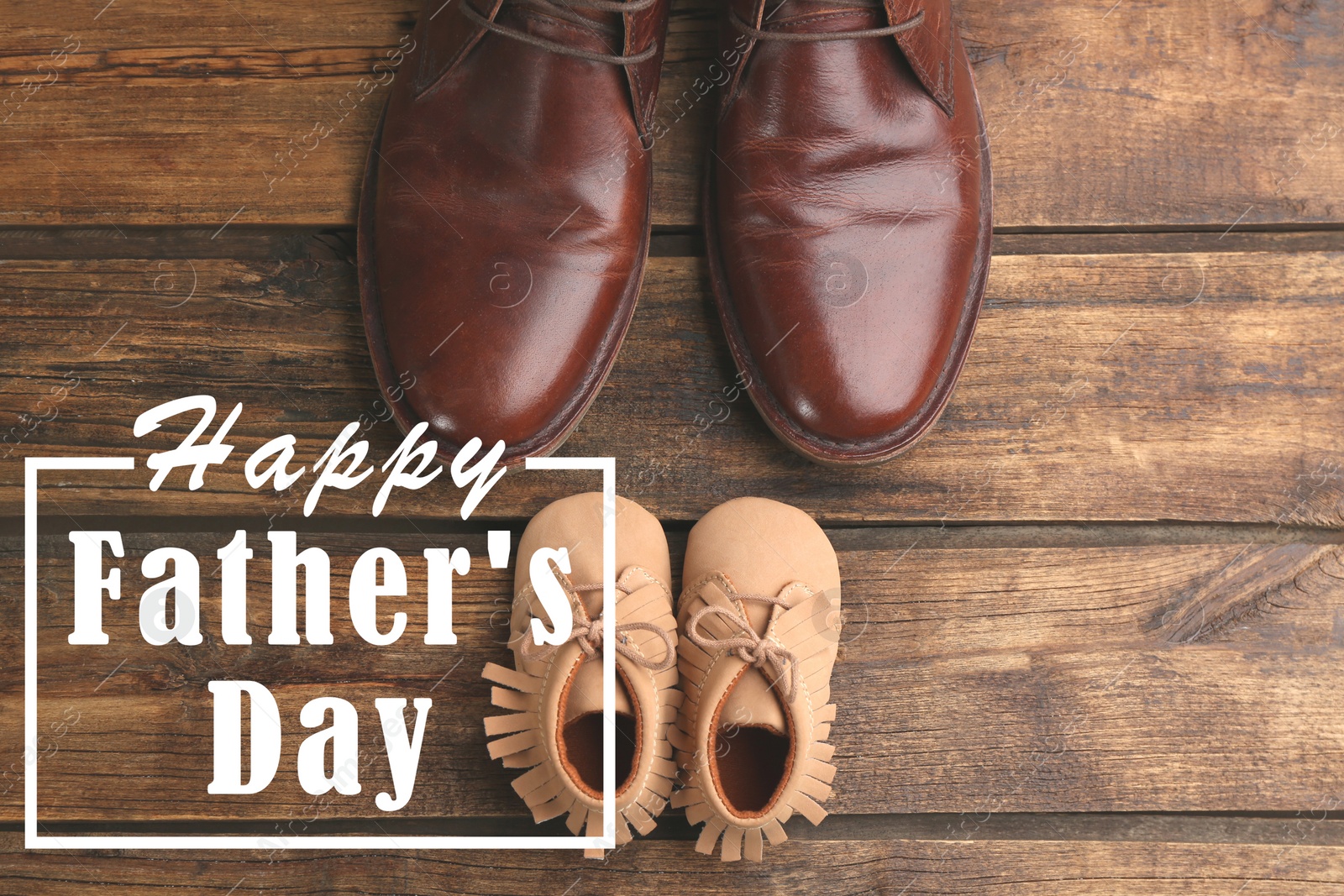 Image of Dad and son's shoes on wooden background, flat lay. Happy Father's Day