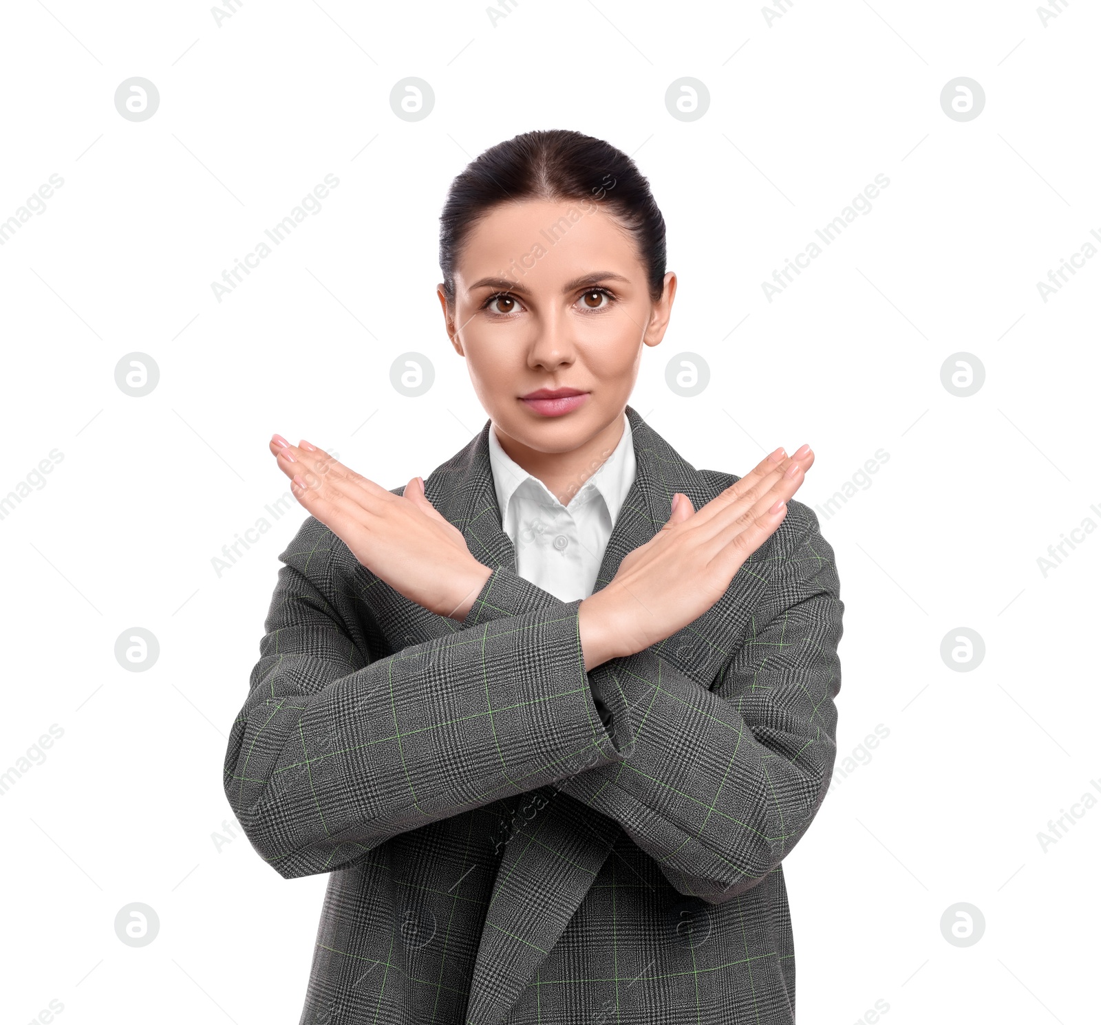 Photo of Beautiful young businesswoman in suit on white background