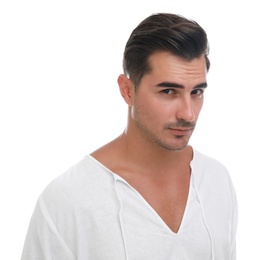 Photo of Portrait of handsome young man on white background