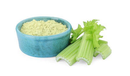 Photo of Celery powder and fresh cut stalks isolated on white