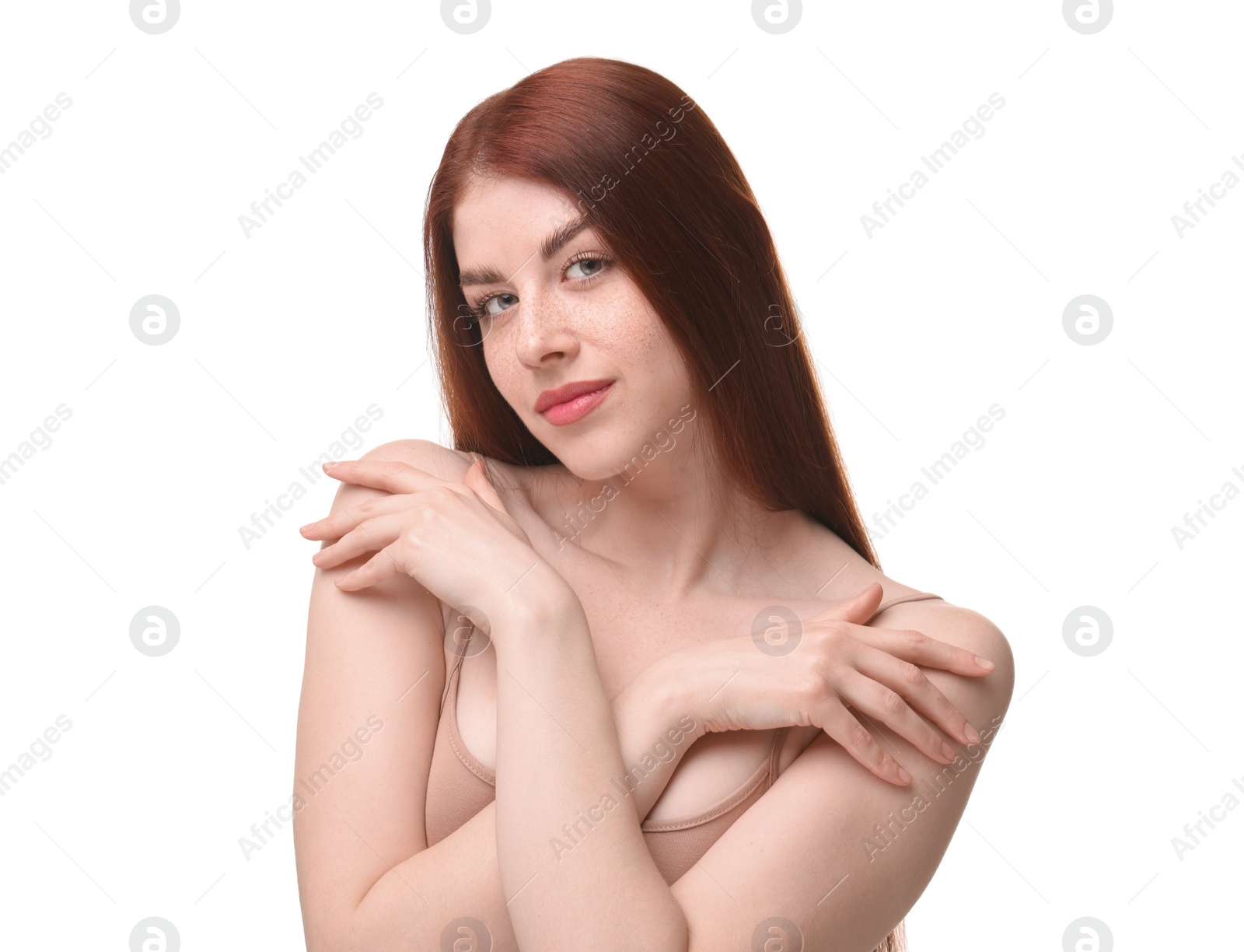 Photo of Portrait of beautiful woman on white background