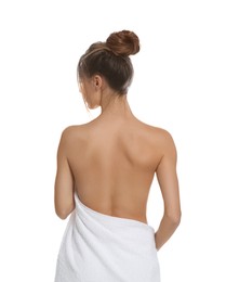 Photo of Back view of woman with perfect smooth skin on white background. Beauty and body care