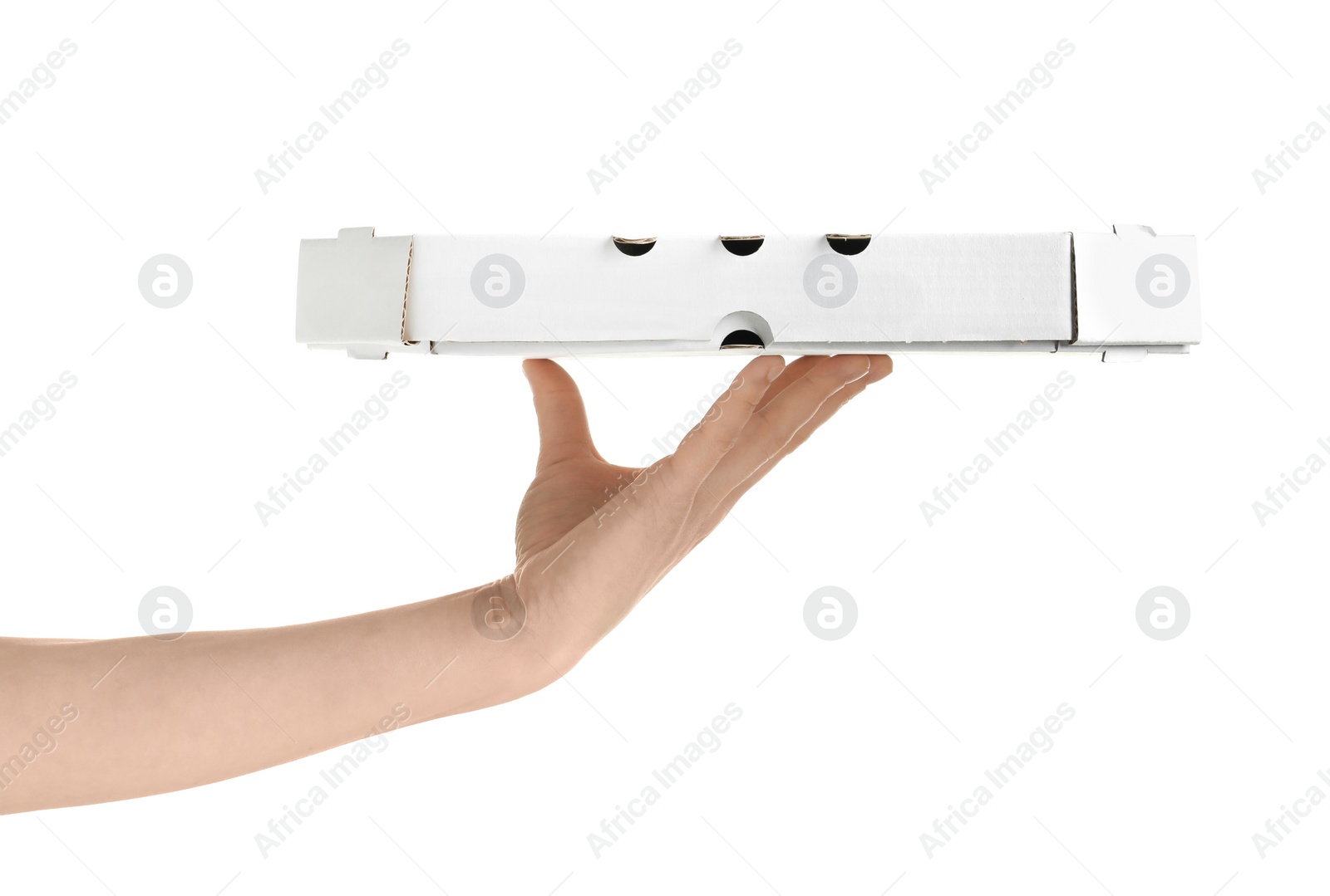 Photo of Woman holding cardboard pizza box on white background