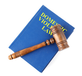 Domestic violence book and wooden gavel on white background, top view