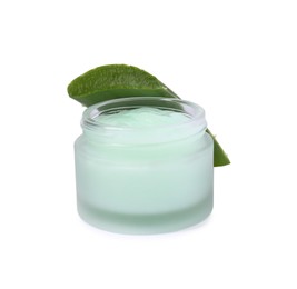 Photo of Jar of natural gel and cut aloe isolated on white