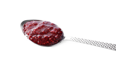 Delicious raspberry jam in spoon isolated on white