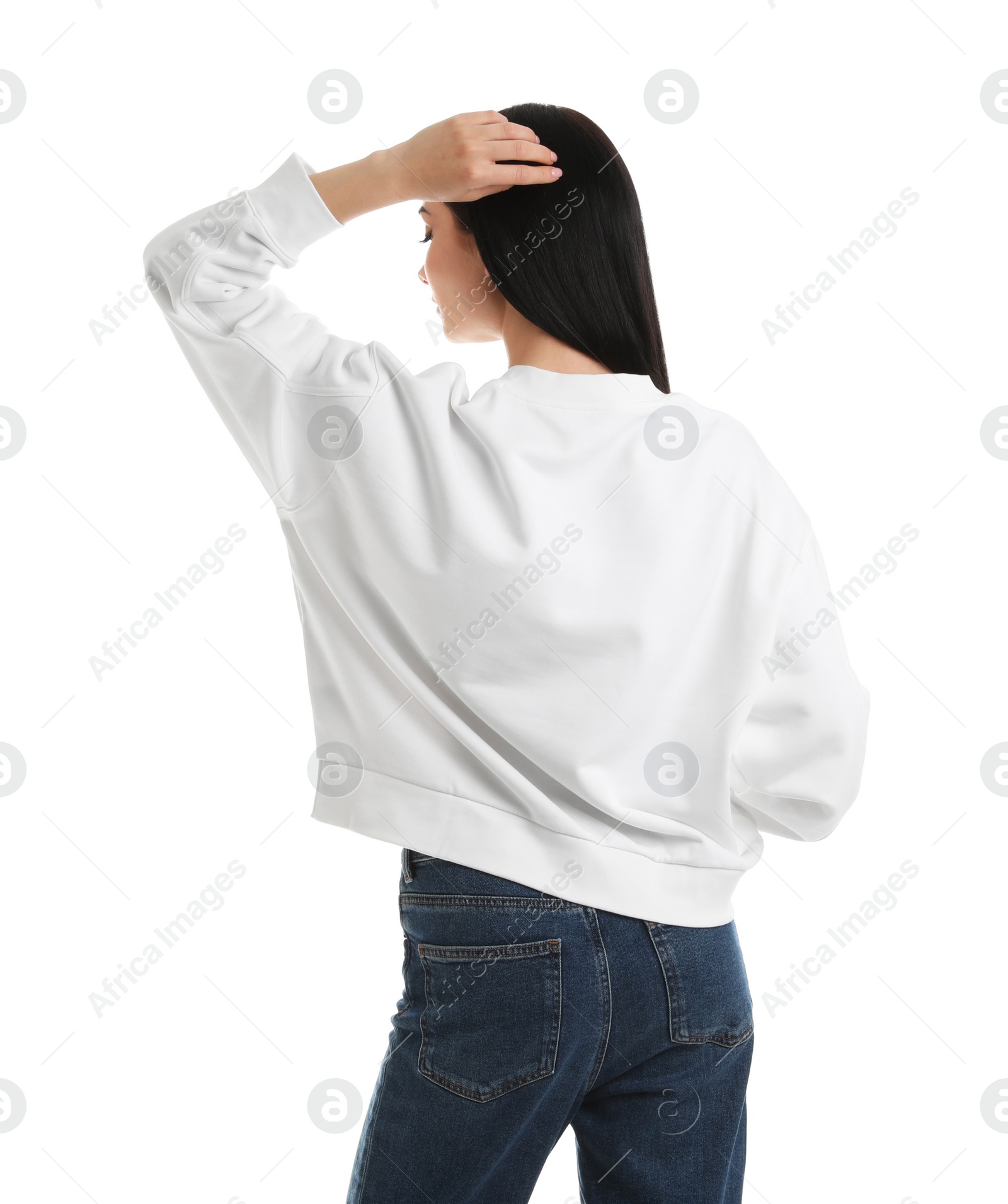 Photo of Young woman in sweater isolated on white. Mock up for design