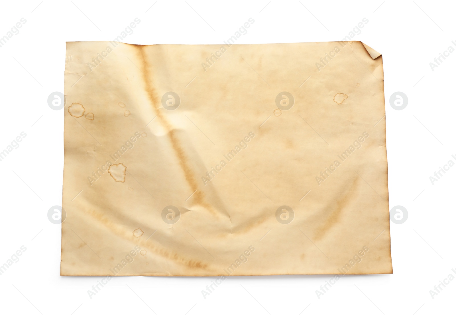 Photo of Sheet of old parchment paper isolated on white, top view. Space for design