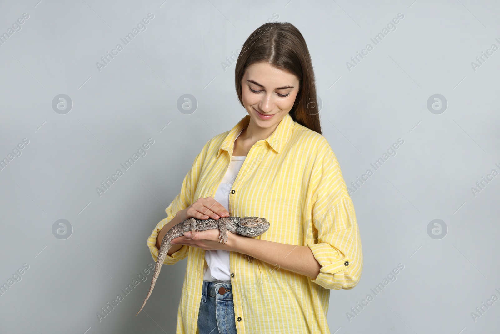 Photo of Woman holding bearded lizard on grey background. Exotic pet