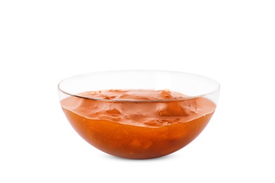 Photo of Bowl with tasty apricot jam on white background