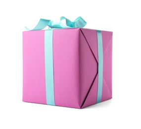 Photo of Beautiful gift box with ribbon on white background