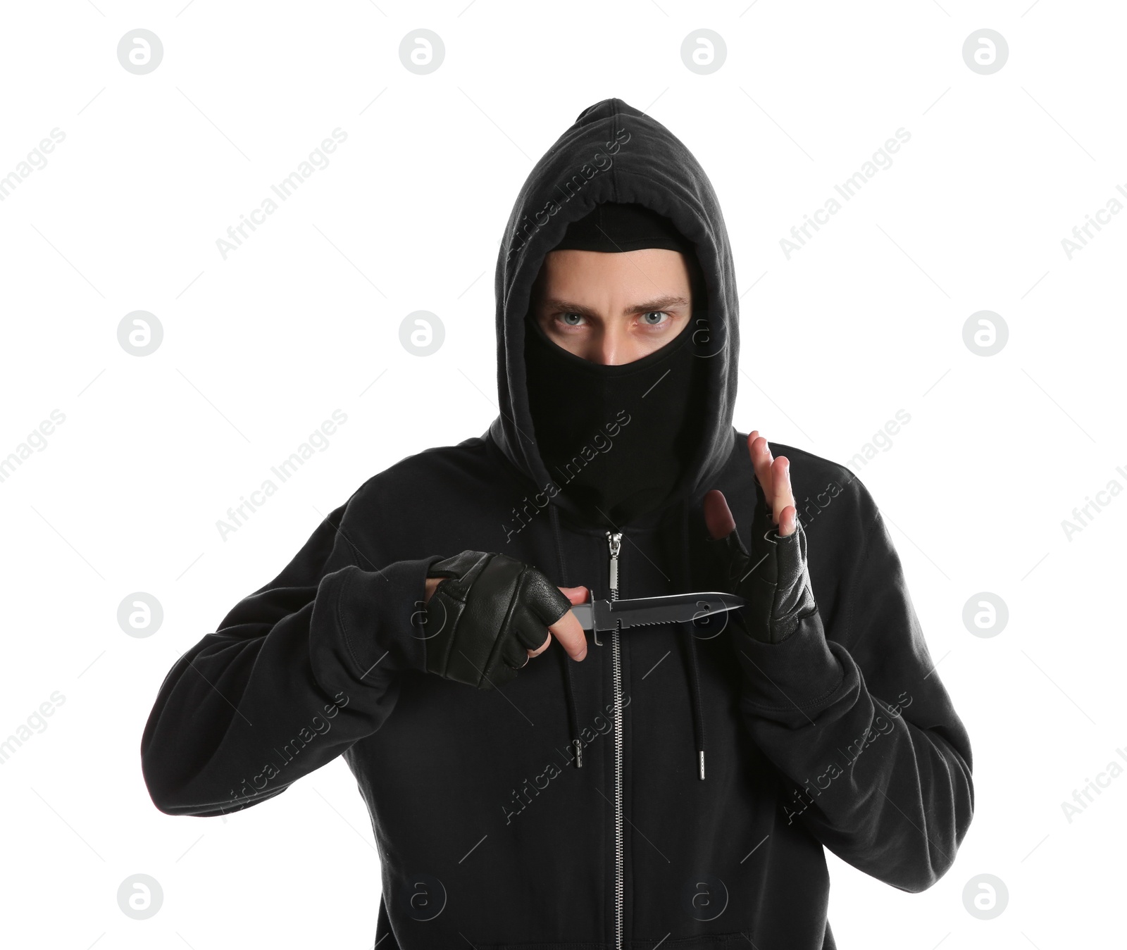 Photo of Man in mask with knife on white background. Dangerous criminal