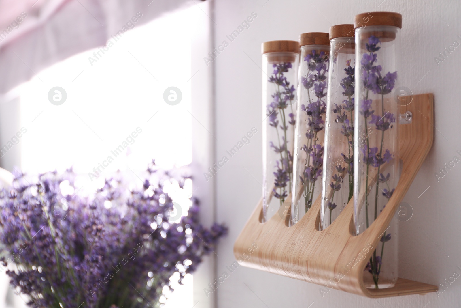 Photo of Beautiful lavender flowers on wooden shelf indoors. Space for text