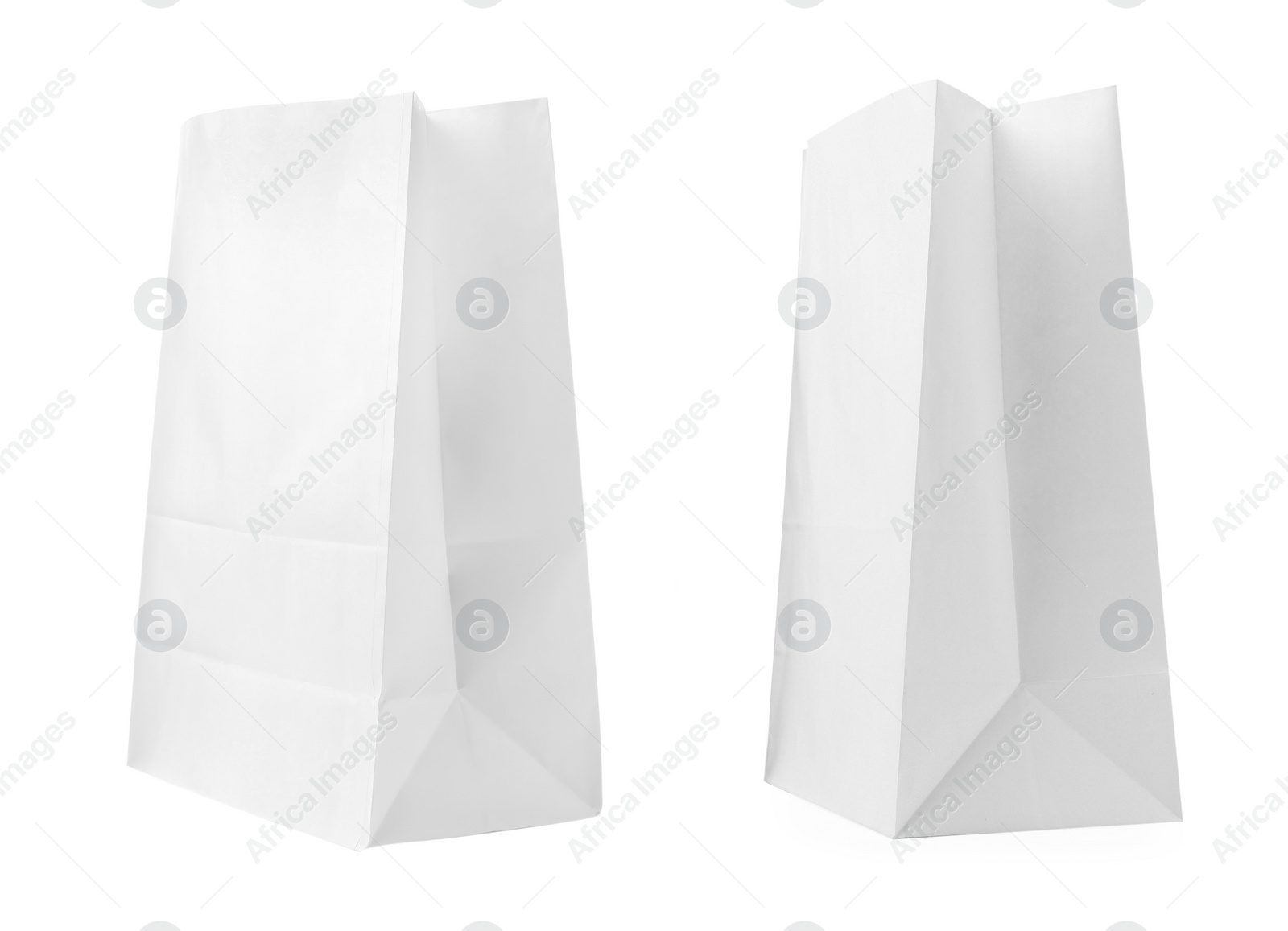 Image of Open paper bags on white background, collage