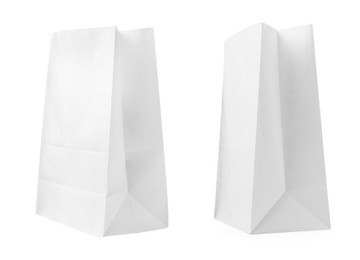 Open paper bags on white background, collage