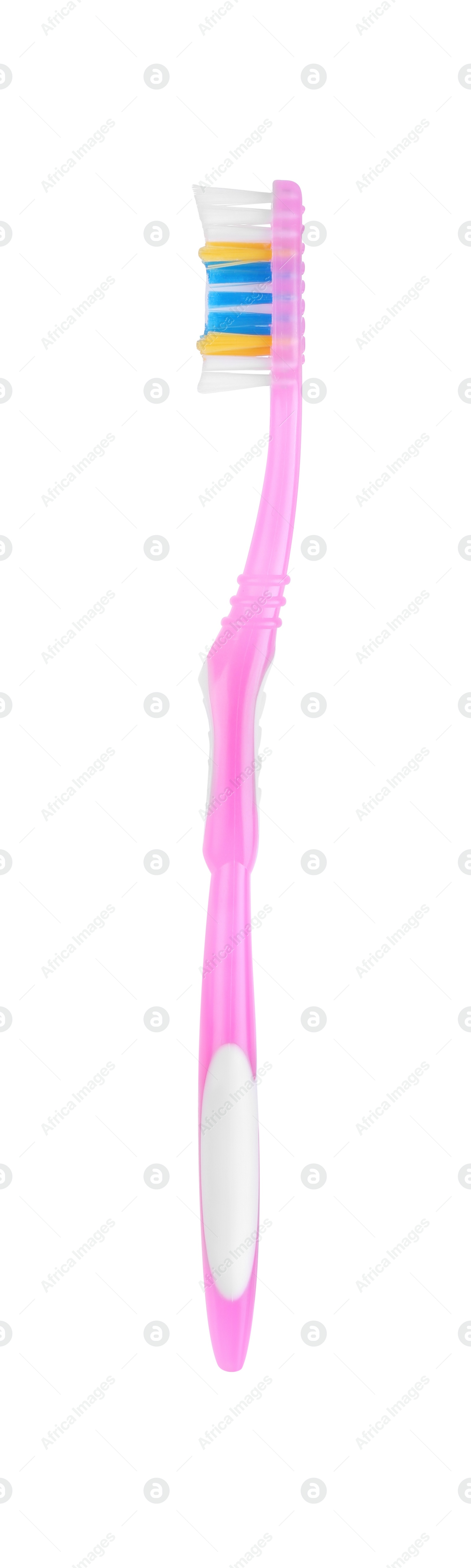 Photo of Pink plastic toothbrush isolated on white. Dental care