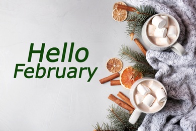 Image of Hello February greeting card. Flat lay composition with aromatic hot winter cocoa on light table