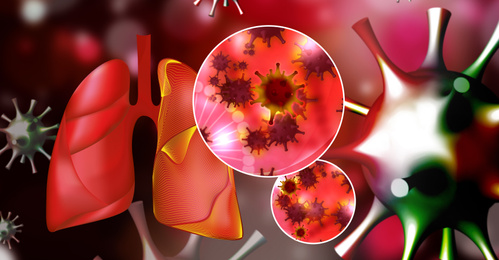 Illustration of human lungs affected with disease and viruses