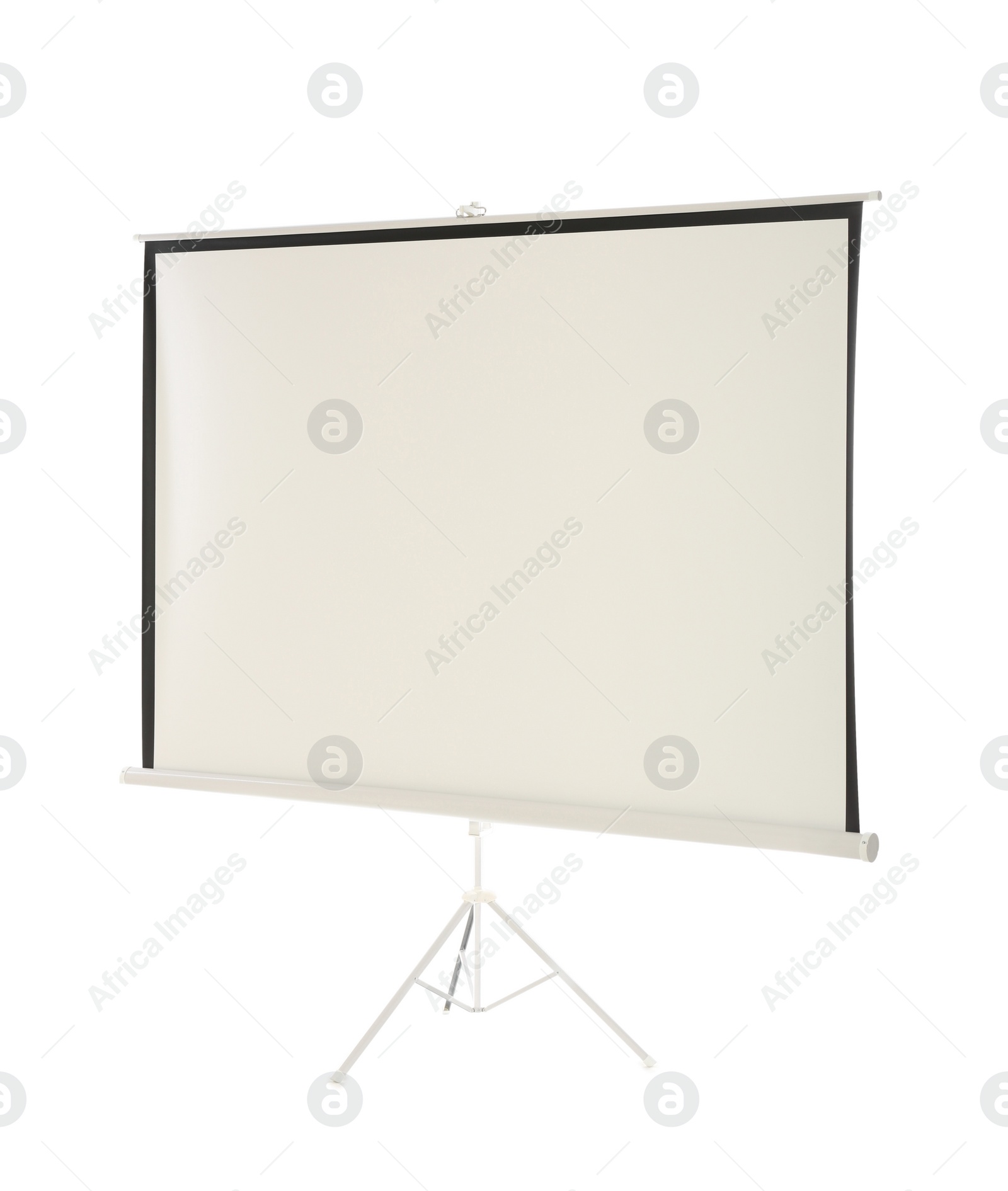 Photo of Tripod with projection screen isolated on white. Space for design