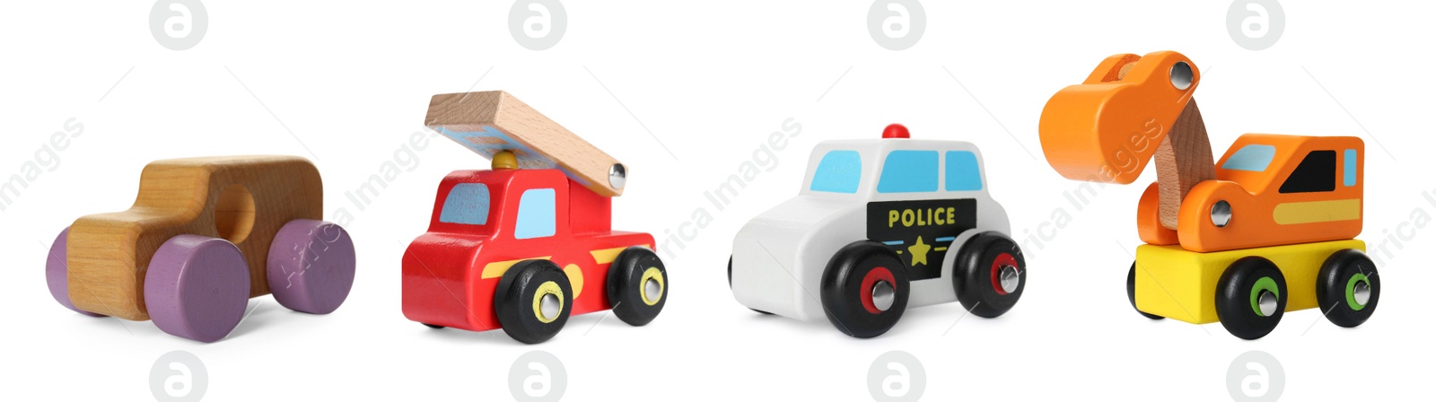 Image of Set with different toy cars isolated on white