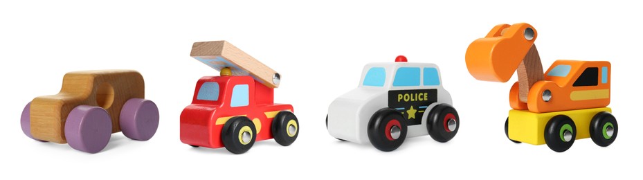 Image of Set with different toy cars isolated on white