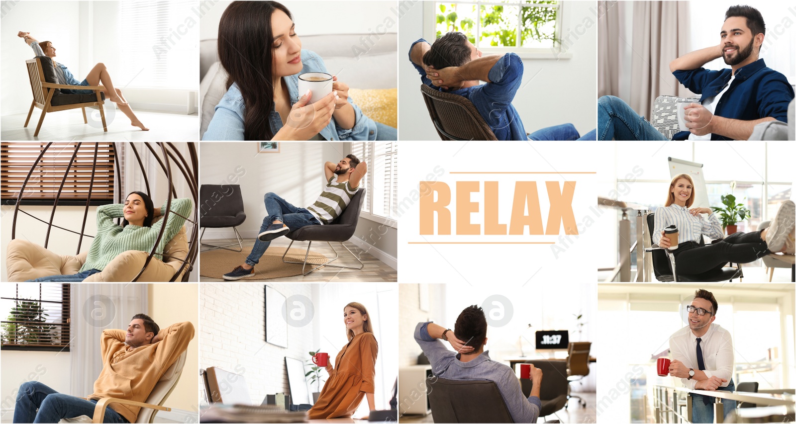 Image of Collage of different people resting indoors and word Relax