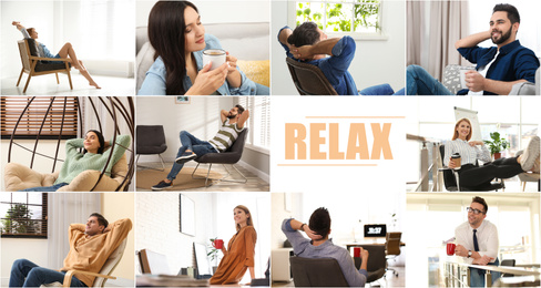 Collage of different people resting indoors and word Relax