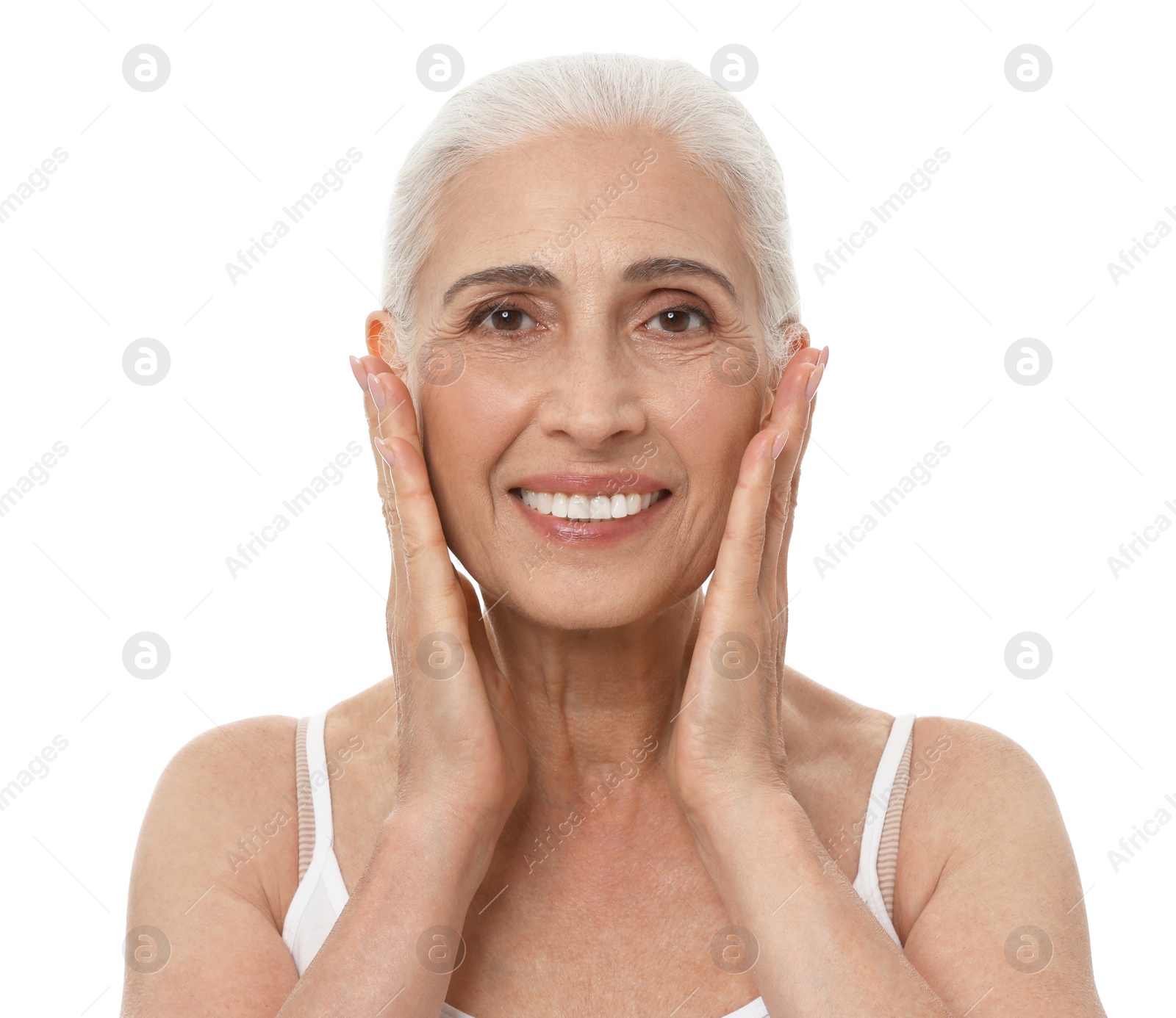 Photo of Portrait of beautiful mature woman on white background