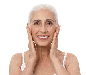 Portrait of beautiful mature woman on white background