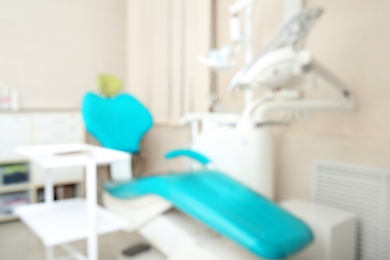 Blurred view of dentist's office with chair and professional equipment