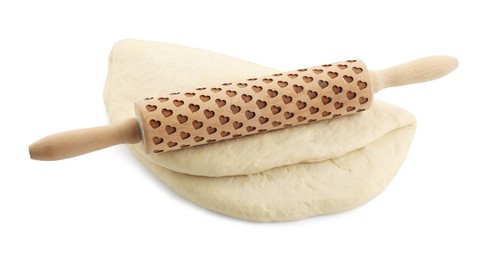 Photo of Raw dough and rolling pin isolated on white