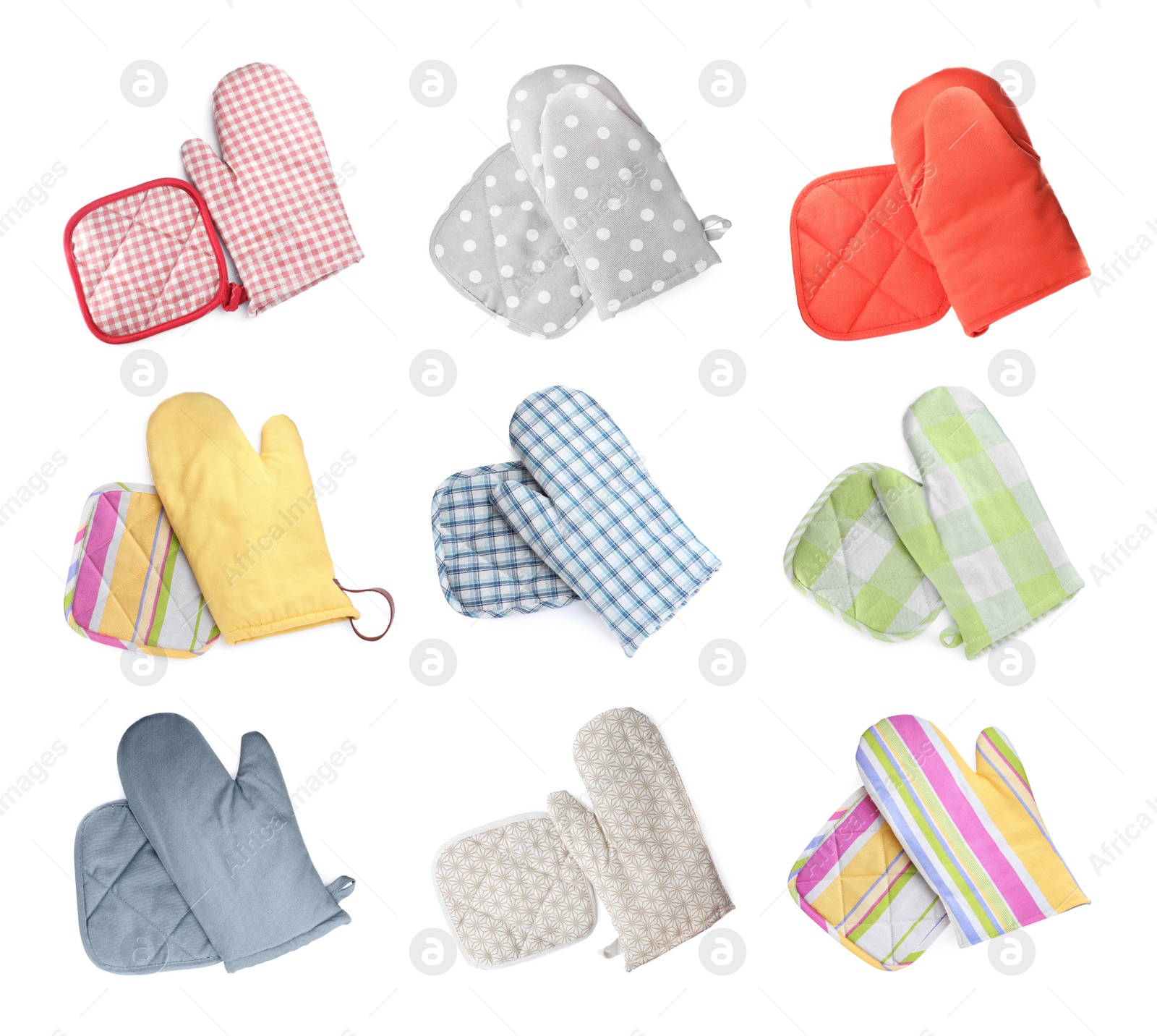 Image of Set with different oven gloves and potholders on white background, top view