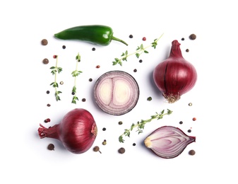 Beautiful composition with ripe red onions on white background