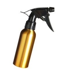 Stylish bottle with sprayer isolated on white. Hairdresser tool