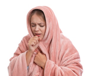 Photo of Young woman suffering from cold on white background