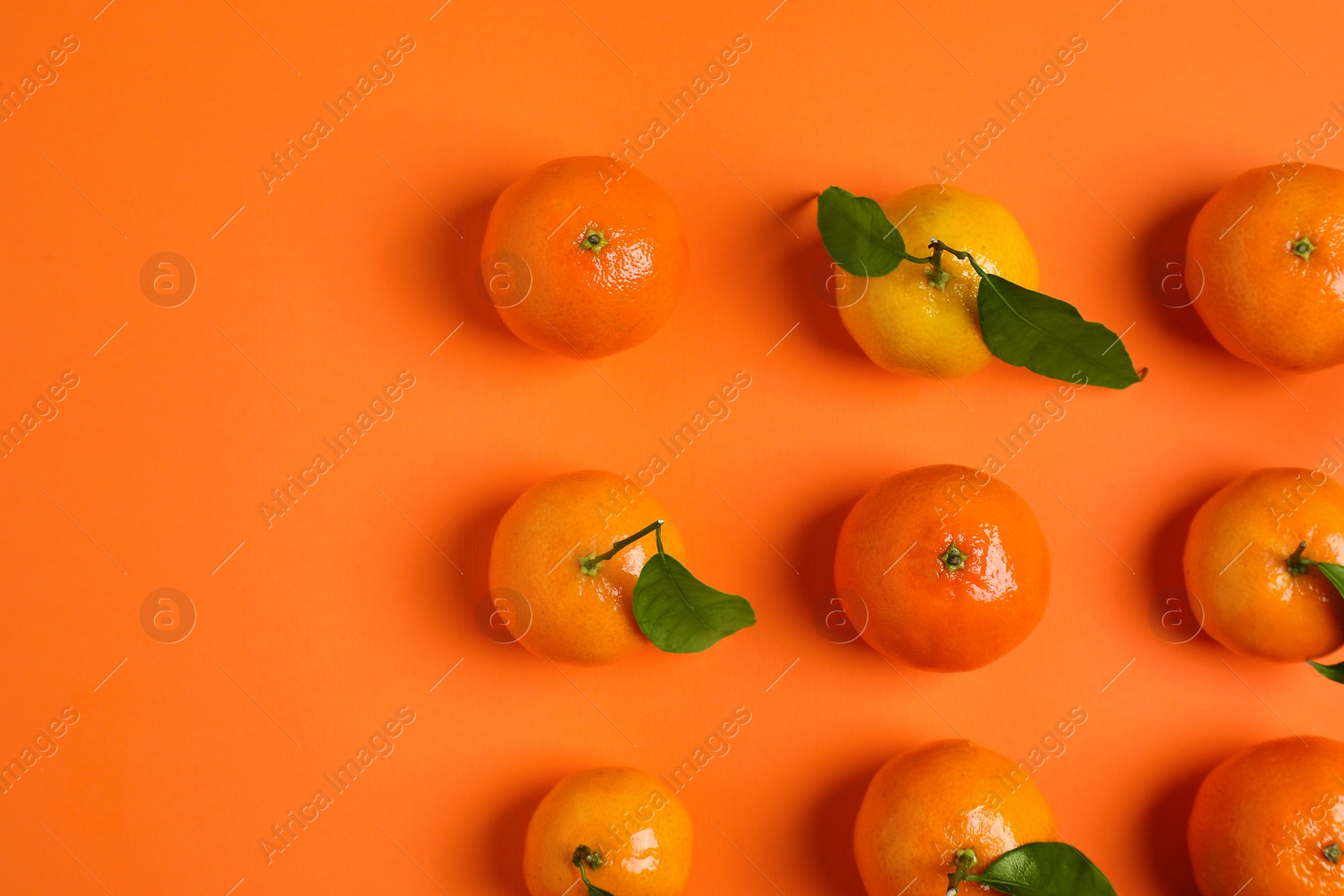 Photo of Delicious tangerines and green leaves on orange background, flat lay. Space for text