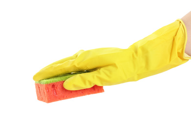 Photo of Person in rubber glove with sponge on white background, closeup of hand