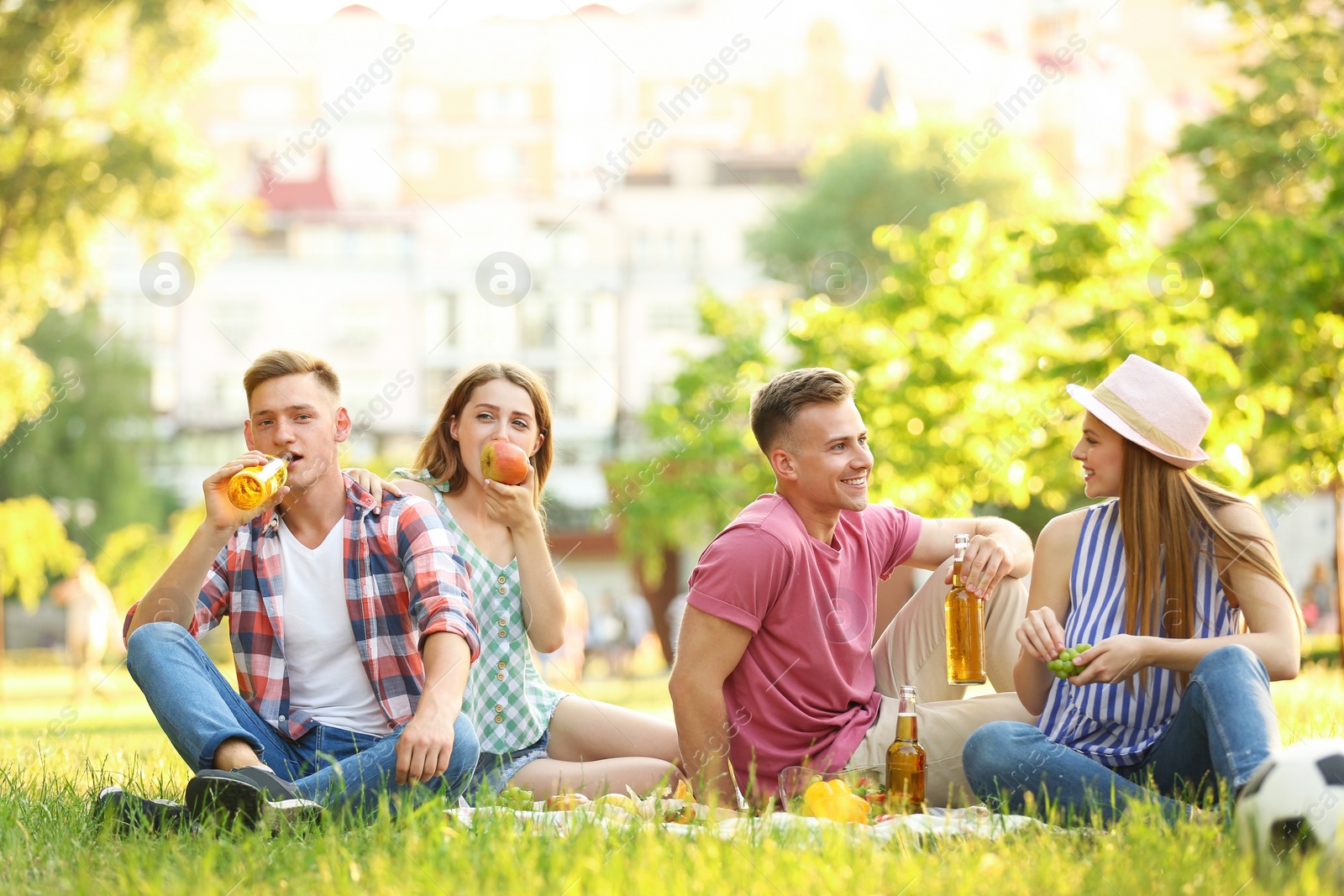 Photo of Young people enjoying picnic in park on summer day