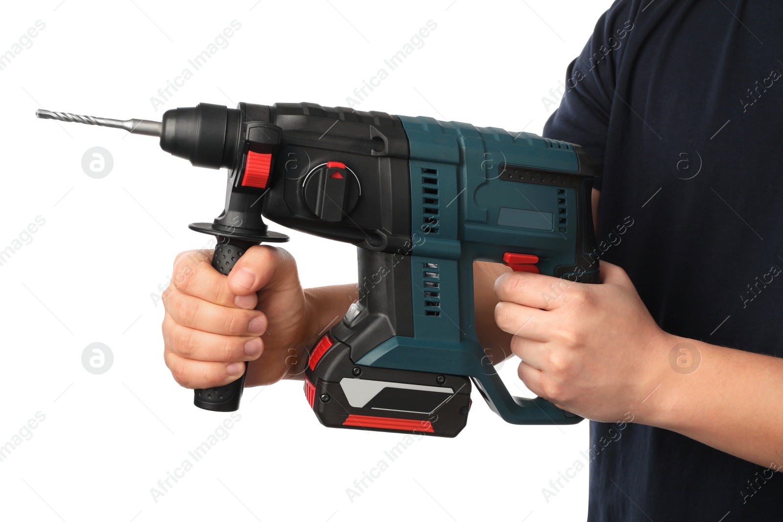 Photo of Man holding modern electric power drill on white background, closeup