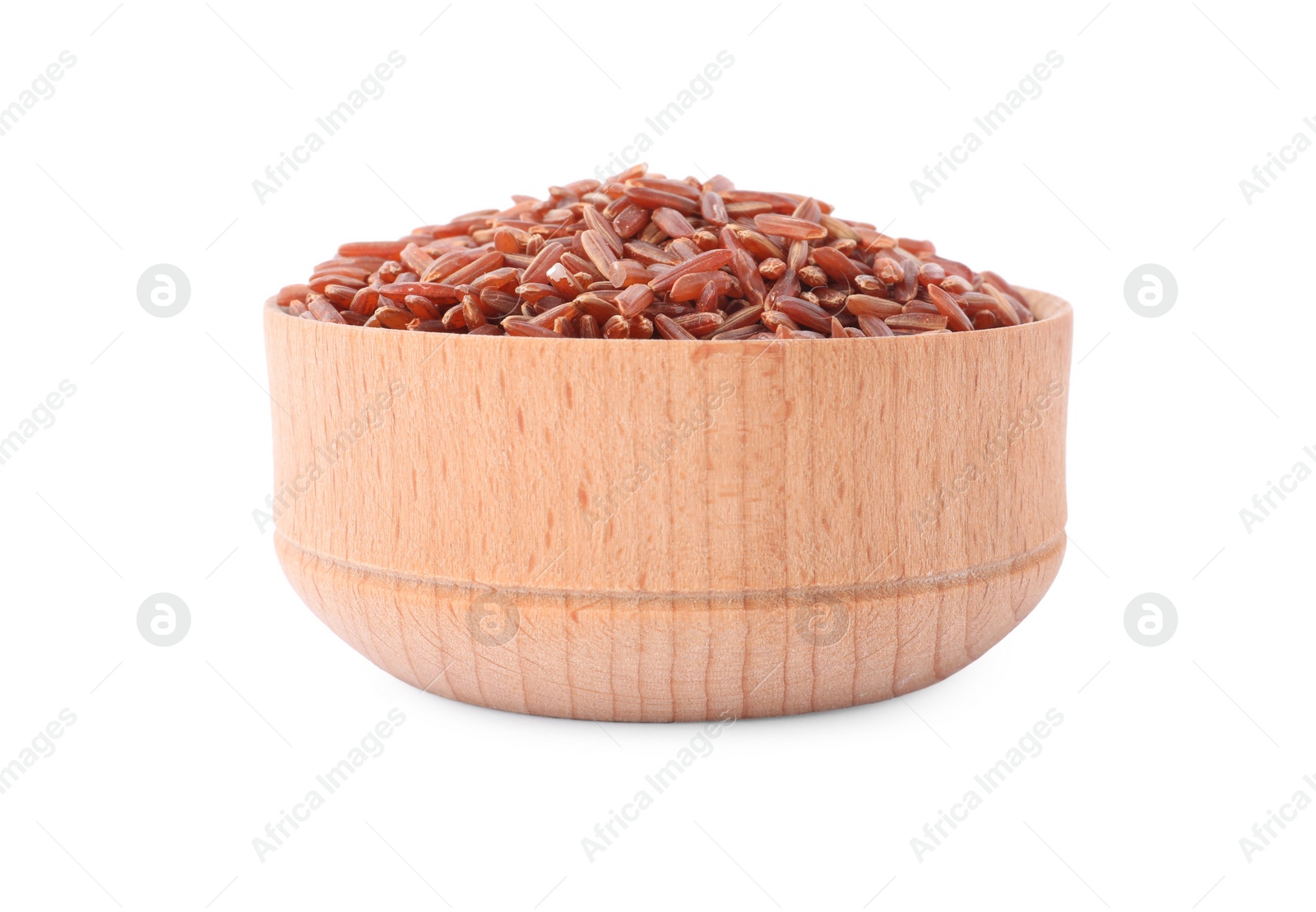 Photo of Bowl with raw red rice isolated on white