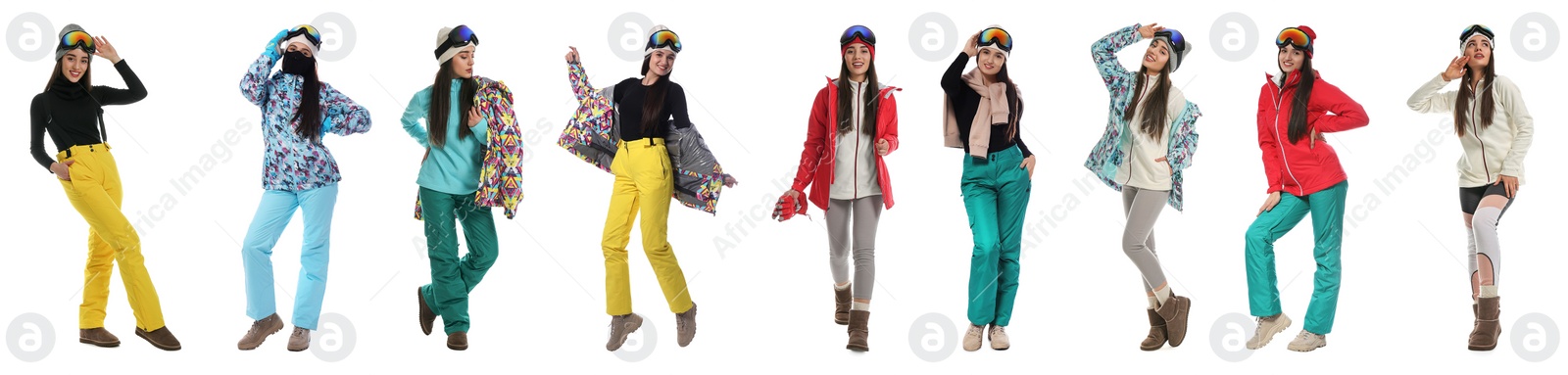 Image of Collage of women wearing winter sports clothes on white background. Banner design 