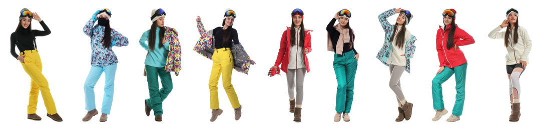 Image of Collage of women wearing winter sports clothes on white background. Banner design 