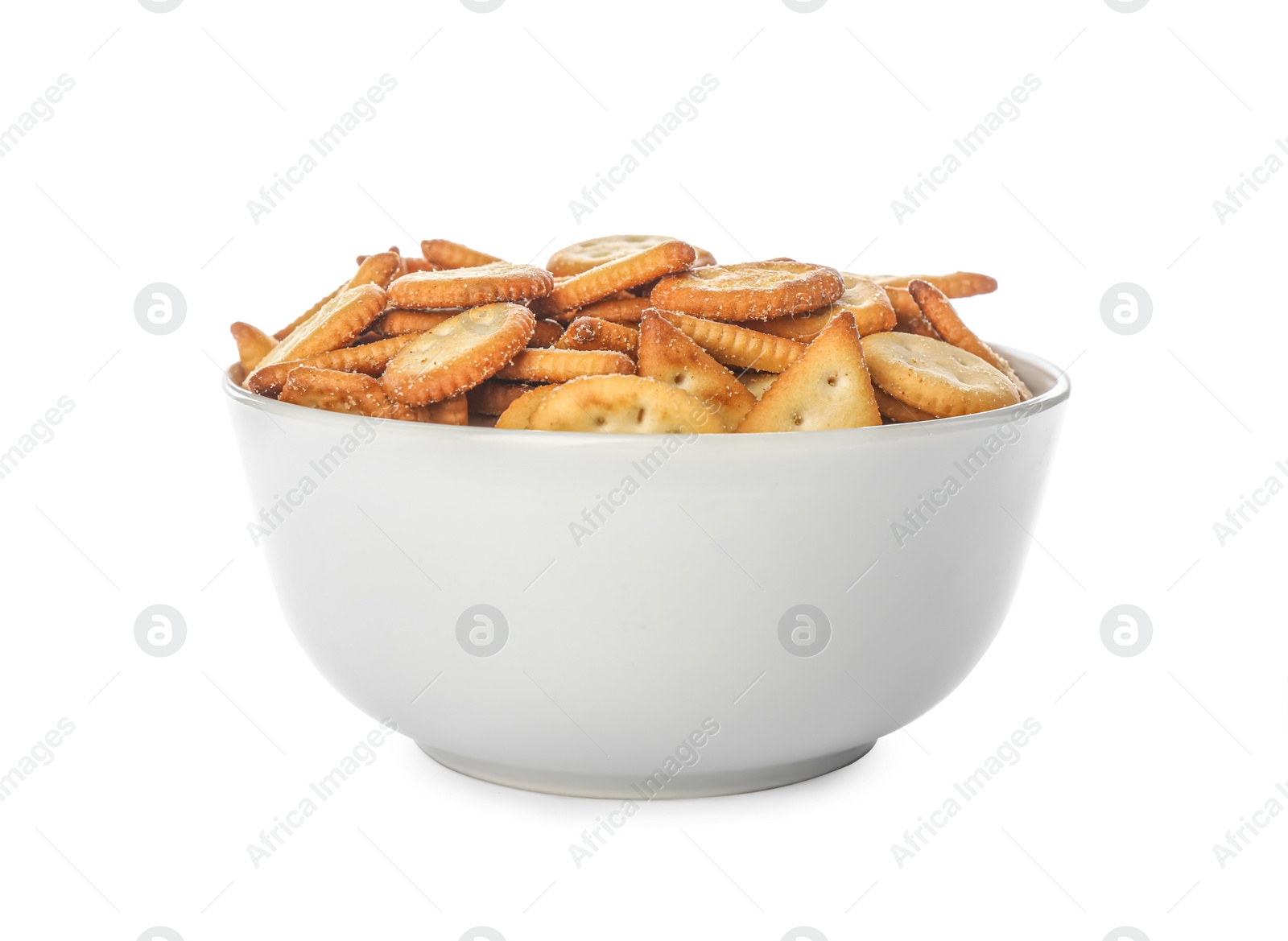 Photo of Delicious crackers in bowl isolated on white