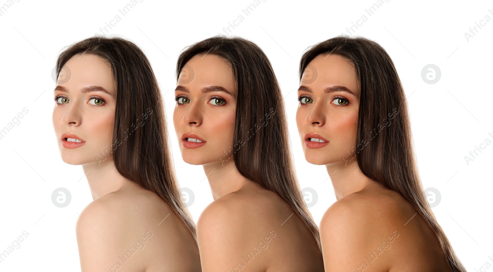 Image of Beautiful young woman on white background. Collage with photos showing stages of suntanning