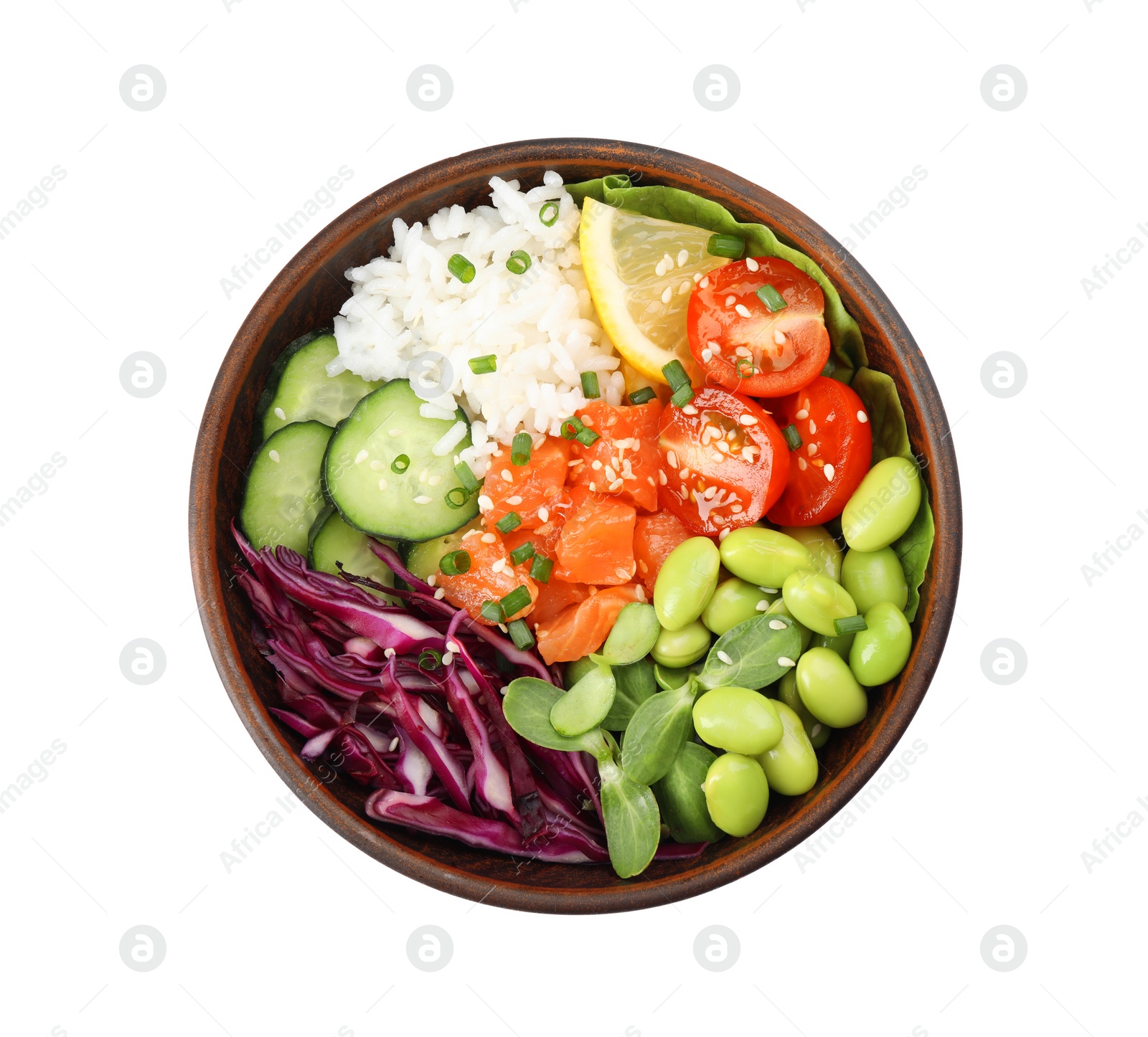 Photo of Poke bowl with salmon, edamame beans and vegetables isolated on white, top view