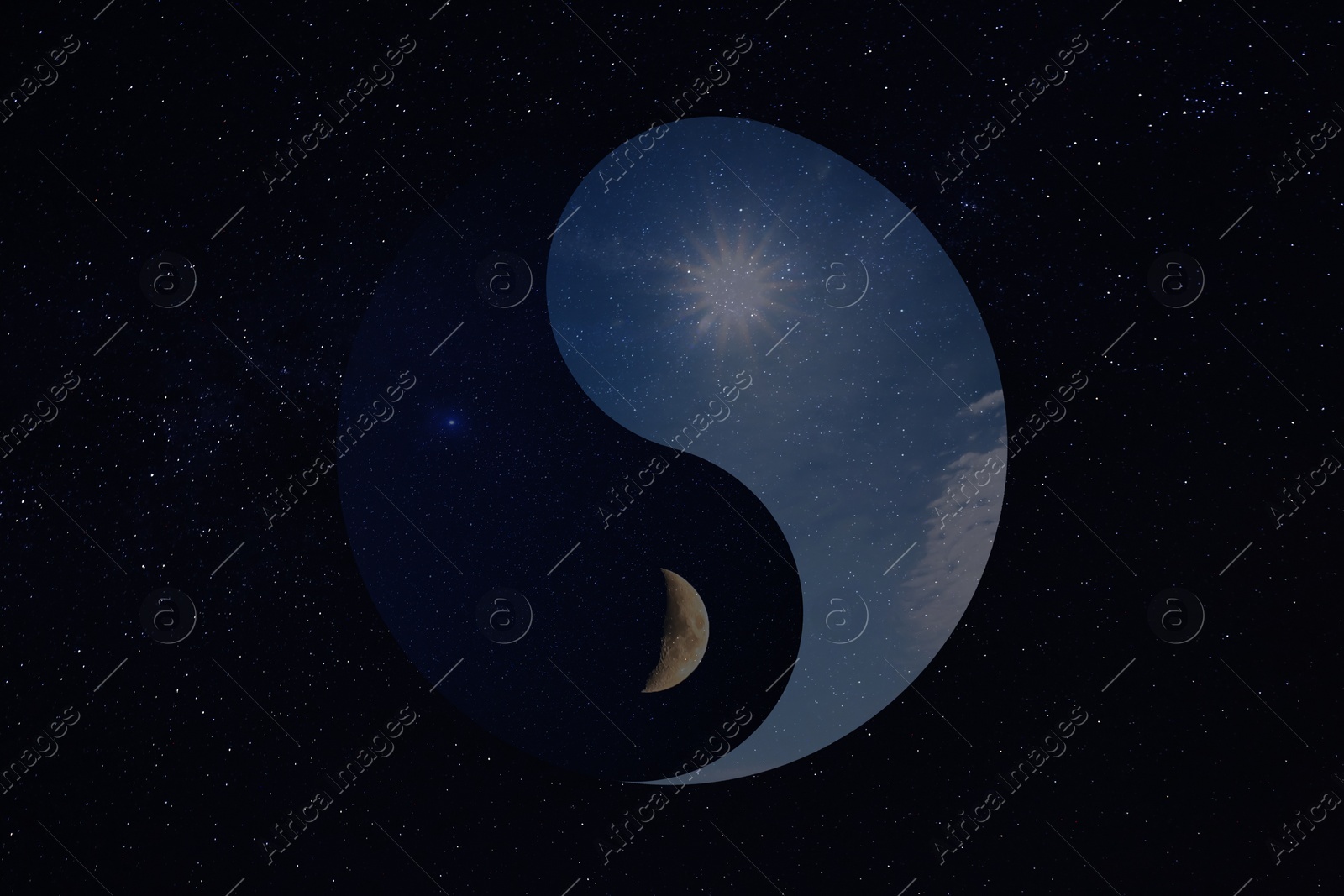 Image of Ying Yang symbol against starry sky. Feng Shui philosophy