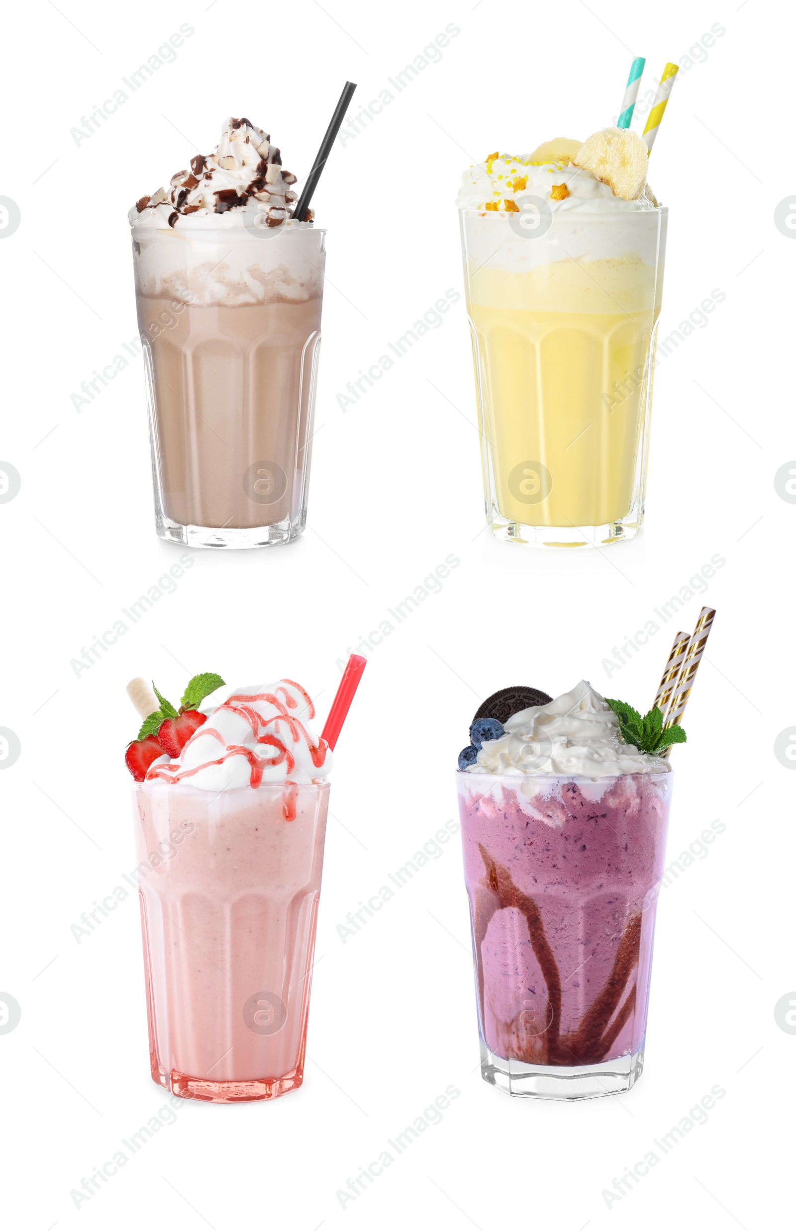 Image of Set of glasses with different protein shakes on white background