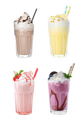 Image of Set of glasses with different protein shakes on white background