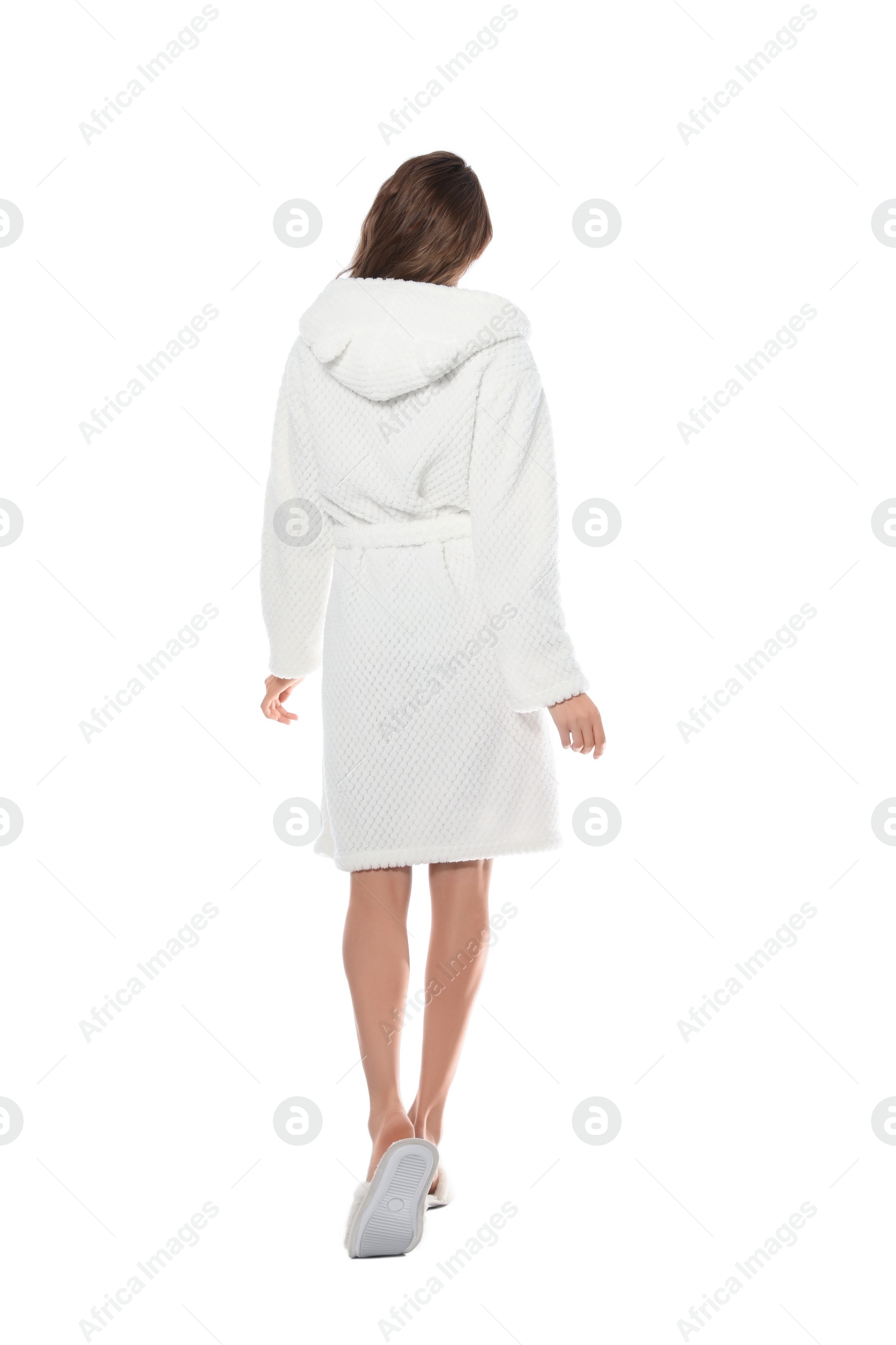 Photo of Woman wearing bathrobe on white background, back view